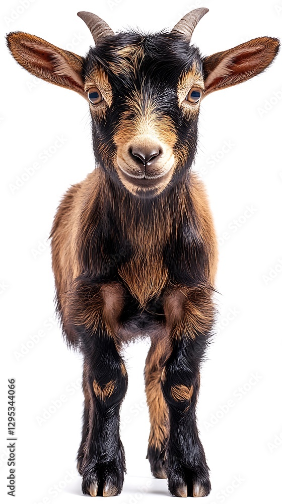 Fototapeta premium Adorable brown and black goat is looking straight at the viewer
