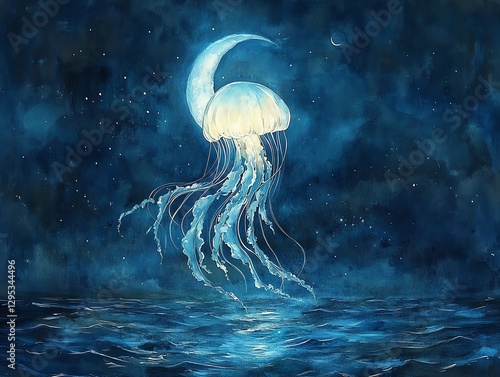 Glowing Jellyfish Under Crescent Moon Ocean Night
