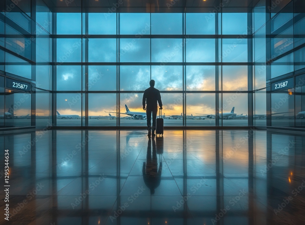 A man is standing in front of a window with a suitcase A man is standing in front of a window with a suitcase