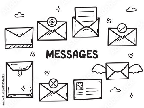 Set of icons with Messages theme. With doodle style. For layout, website, graphic design.