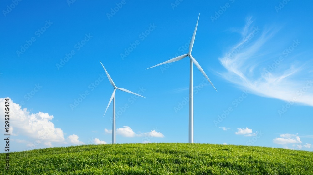 Wind turbines gracefully positioned on a hilltop overlooking a beautiful landscape emphasizing renewable energy solutions Wind turbines gracefully positioned on a hilltop overlooking a beautiful landscape emphasizing renewable energy solutions