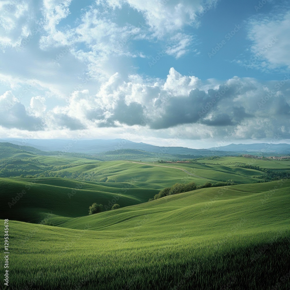 Fototapeta premium Rolling green hills under a partly cloudy sky.