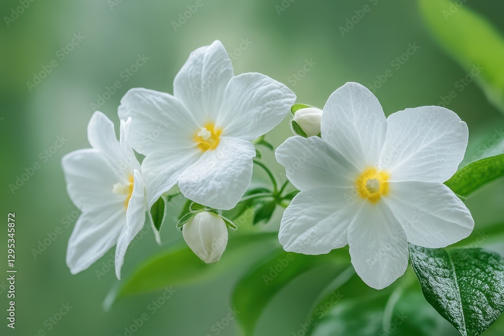 Fototapeta premium Close-up of three delicate white flowers with yellow centers, budding blossoms and green leaves. Perfect for themes of purity, peace, or natural beauty.