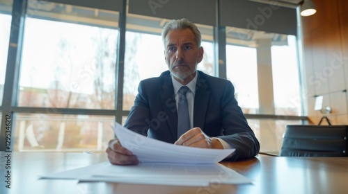 High-ranking executive in a suit sitting alone at a large wooden desk, contemplating resignation papers in a spacious office with large windows, clean desk emphasizing focus on resignation decision.