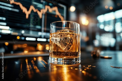 Focused trader pensive mood whiskey ice glass desk computer chart market finance business alcohol drink amber liquid
