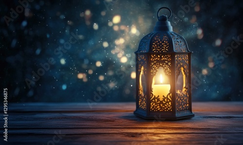 beautifully crafted lantern with intricate patterns glows softly against the dark background of an empty wooden table