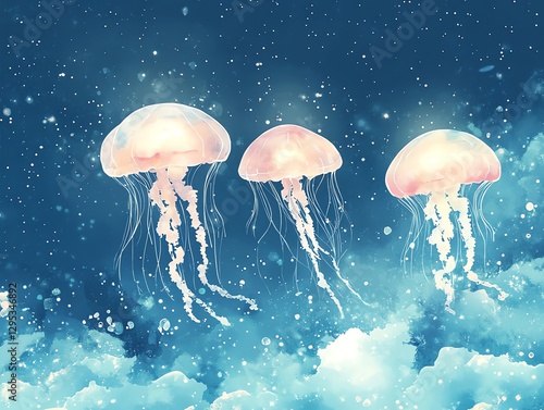 Three Jellyfish Swimming in a Dreamlike Underwater Scene