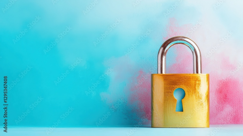 Fototapeta premium A gold colored lock with a keyhole on it sits on a blue background