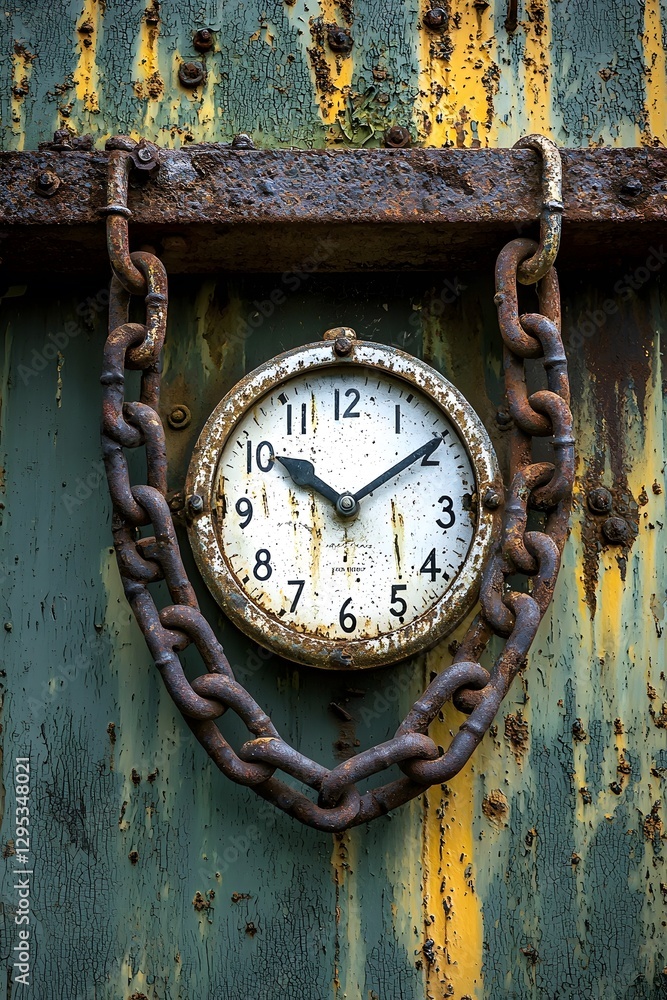 Iron chains on industrial walls and old clocks Iron chains on industrial walls and old clocks