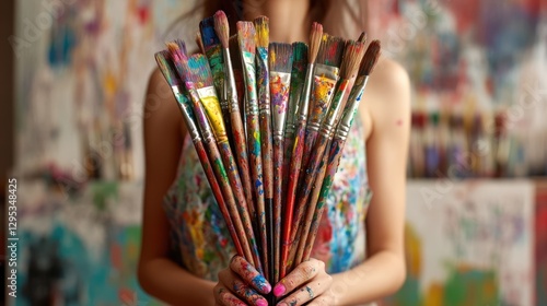A Colorful Array of Paintbrushes Held by a Female Artist