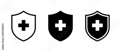 Medical shield protection icon set in trendy style. Protect, healthy badge sign symbol