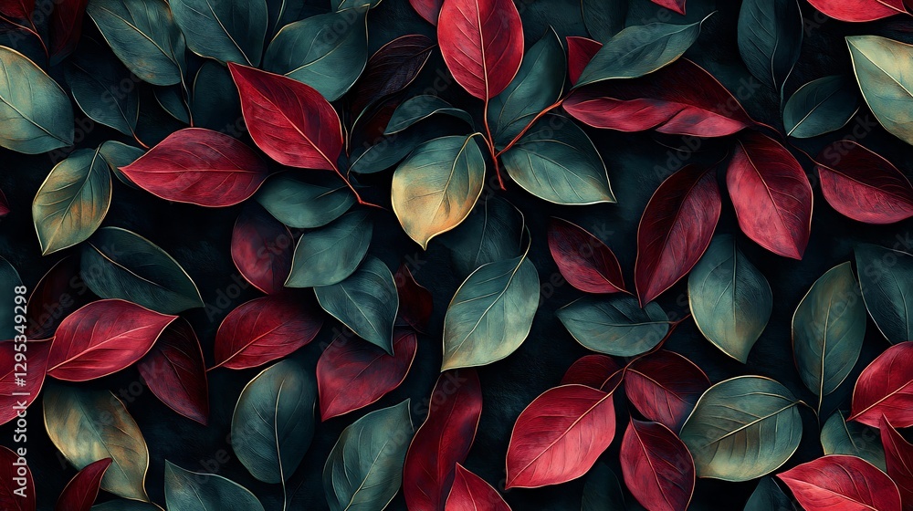 A seamless decorative pattern of magnolia leaves in deep burgundy and rich green tones, elegant oil textures highlighting intricate leaf veins, a luxurious composition with a dark, moody background, A seamless decorative pattern of magnolia leaves in deep burgundy and rich green tones, elegant oil textures highlighting intricate leaf veins, a luxurious composition with a dark, moody background,