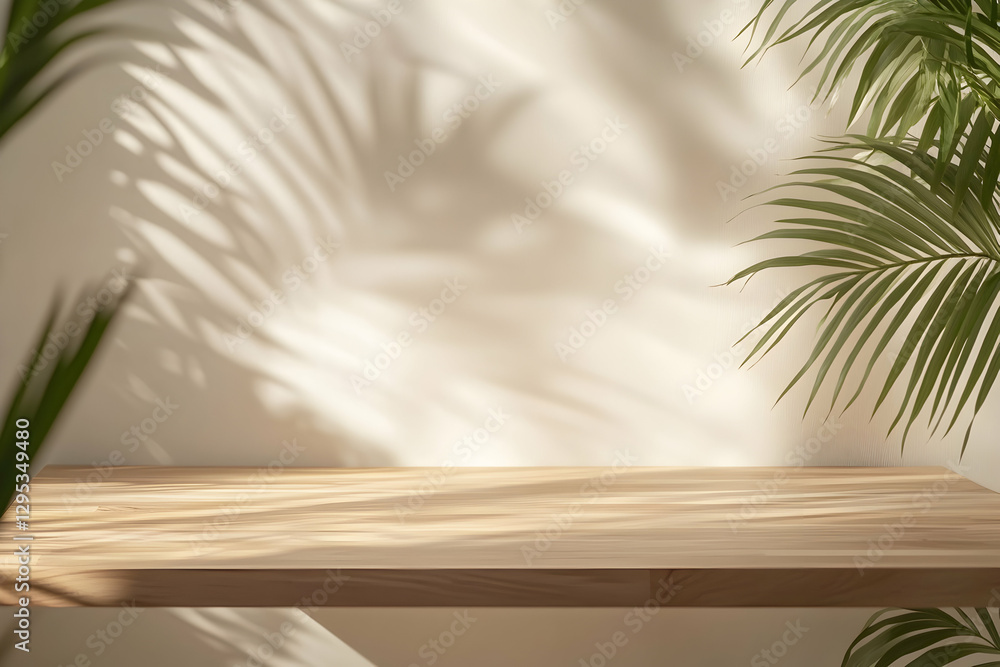 Elegant Tropical Display, Wooden Surface with Palm Leaf Shadows for Product Showcase and Botanical Themed Presentation Backdrop ,107 characters, Elegant Tropical Display, Wooden Surface with Palm Leaf Shadows for Product Showcase and Botanical Themed Presentation Backdrop ,107 characters,