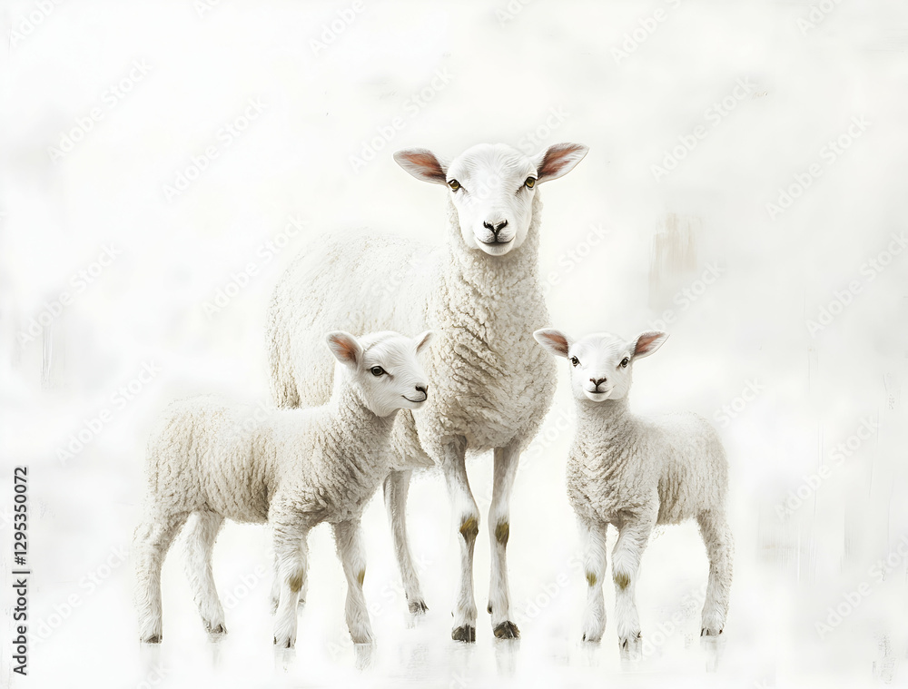 Elegant White Sheep Family Portrait, A Serene Depiction of Motherhood and Innocence in a Minimalist Artistic Style, emphasizing the purity and connection Elegant White Sheep Family Portrait, A Serene Depiction of Motherhood and Innocence in a Minimalist Artistic Style, emphasizing the purity and connection