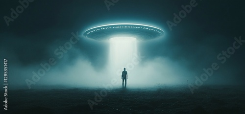 Mysterious Encounter, A lone figure beneath a luminous UFO in the dark fog