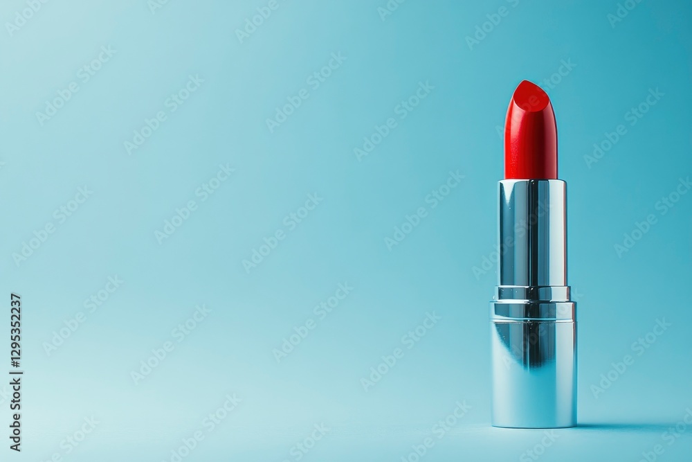 lipstick placed on the right side of an empty blue background, is captured in a frontal view with soft lighting lipstick placed on the right side of an empty blue background, is captured in a frontal view with soft lighting