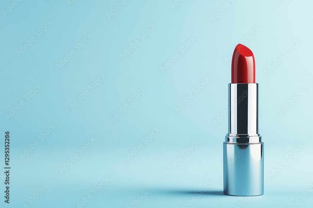 lipstick placed on the right side of an empty blue background, is captured in a frontal view with soft lighting lipstick placed on the right side of an empty blue background, is captured in a frontal view with soft lighting