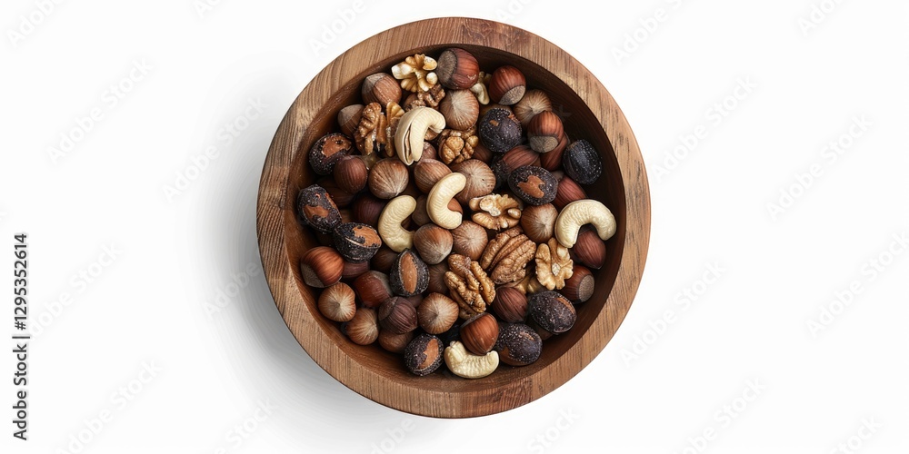 Wooden bowl filled with assorted nuts on a white background. Top down aerial view of various nut in wooden bowl with white background. Food photograph. Healthy snack and nutrition concept. AIG51. Wooden bowl filled with assorted nuts on a white background. Top down aerial view of various nut in wooden bowl with white background. Food photograph. Healthy snack and nutrition concept. AIG51.