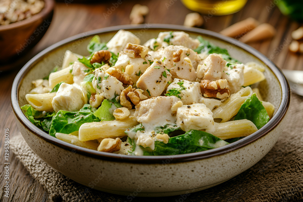 Exquisite Chicken and Mozzarella Pasta Salad, A Culinary Delight with Creamy Dressing, Walnuts, and Fresh Greens in an Artistic Composition Exquisite Chicken and Mozzarella Pasta Salad, A Culinary Delight with Creamy Dressing, Walnuts, and Fresh Greens in an Artistic Composition