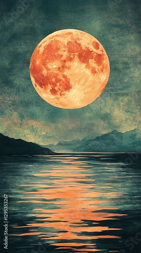 Large Orange Moon Over Calm Lake and Mountains