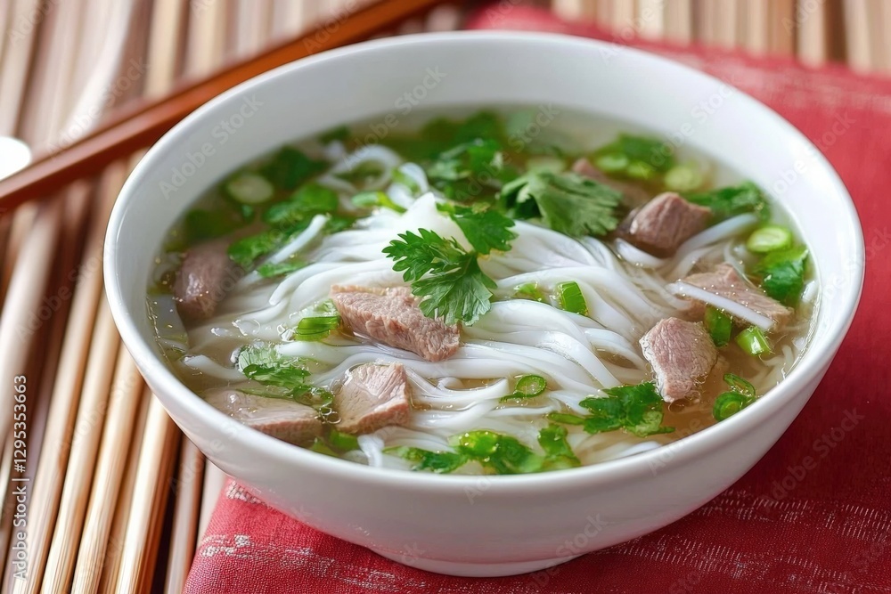 Delicious bowl of savory soup filled with tender meat and noodles garnished with fresh herbs ready to be enjoyed Delicious bowl of savory soup filled with tender meat and noodles garnished with fresh herbs ready to be enjoyed