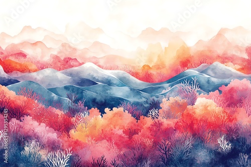 Watercolor Mountain Landscape Painting Autumn Colors