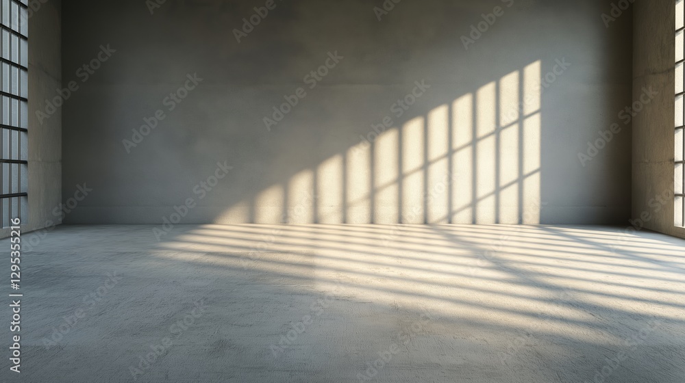 Obraz premium Sunlight casting dramatic shadows through iron bars onto the concrete wall and floor of a dark prison cell