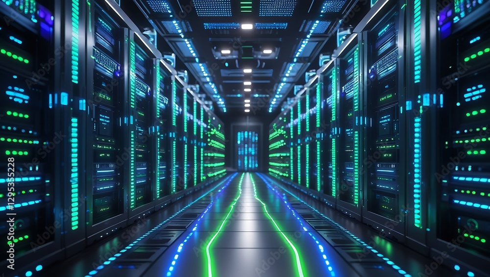 Futuristic Neon-Lit Data Center with Glowing Servers & High-Tech Network Equipment Futuristic Neon-Lit Data Center with Glowing Servers & High-Tech Network Equipment