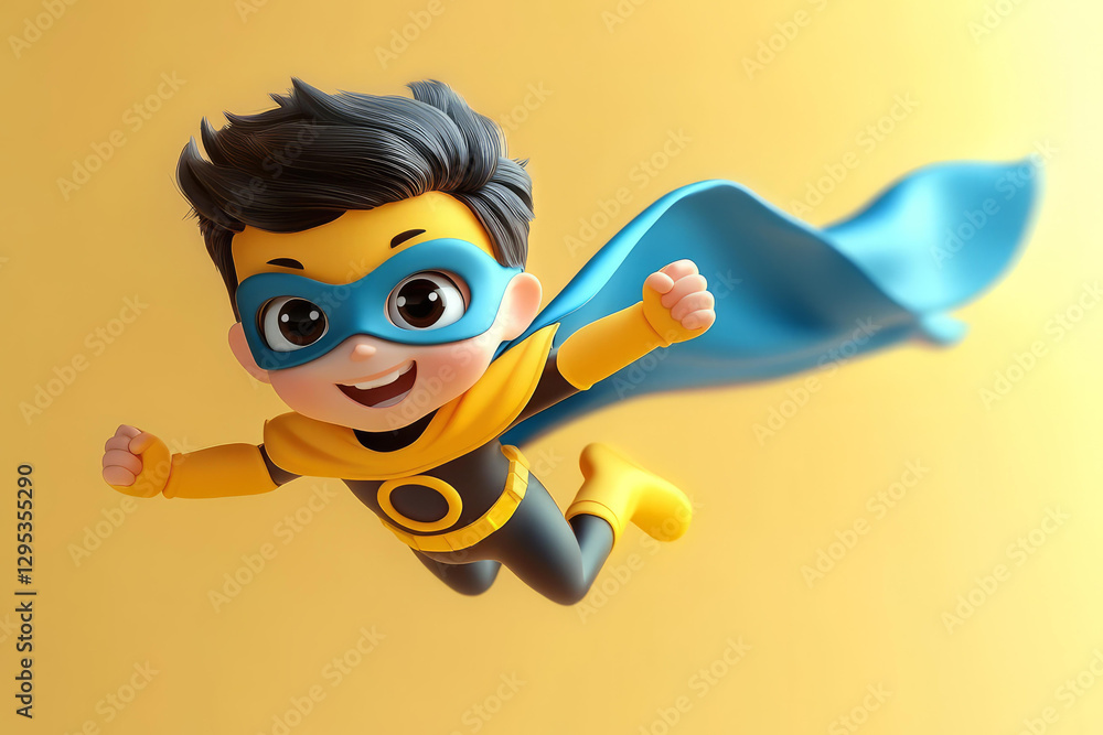 Fototapeta premium Cute cartoon boy superhero flies in air with joyful expression
