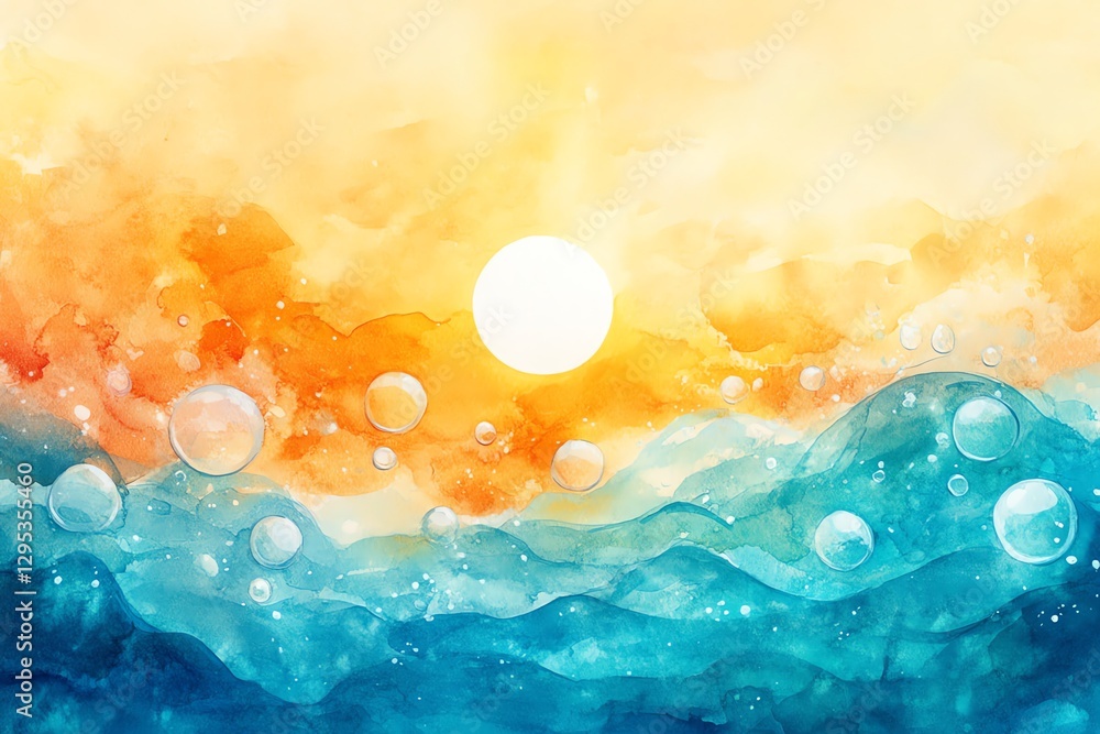 Ocean Sunset Watercolor Painting with Bubbles and Waves Ocean Sunset Watercolor Painting with Bubbles and Waves