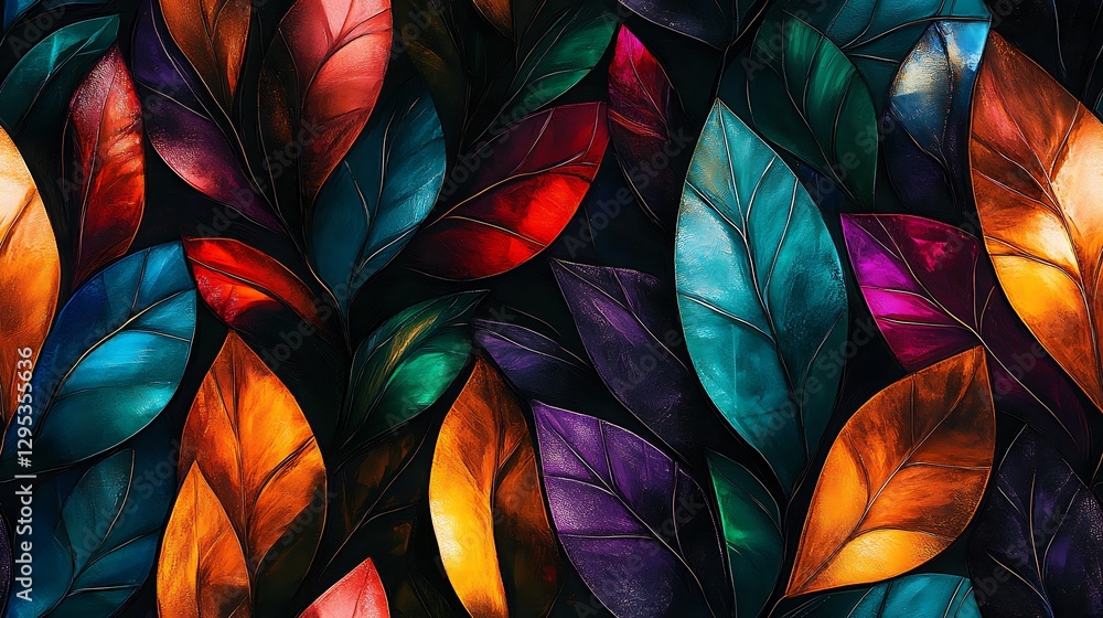 Abstract multicolored tropical leaves with a stained-glass aesthetic, radiant hues of orange, teal, and purple glowing like gemstones, intricate patterns with sharp details, Abstract multicolored tropical leaves with a stained-glass aesthetic, radiant hues of orange, teal, and purple glowing like gemstones, intricate patterns with sharp details,