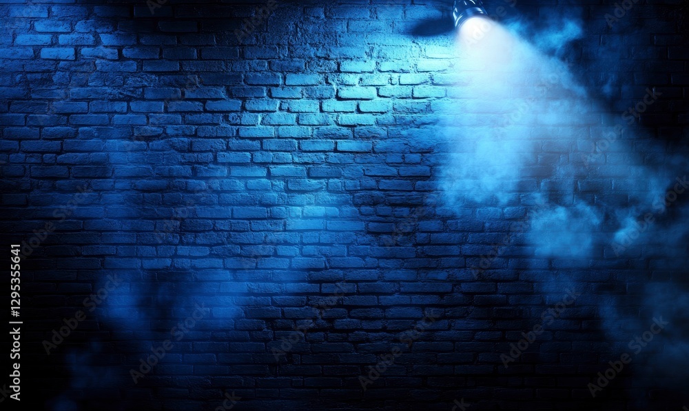 Abstract background with a blue brick wall and a spotlight, smoke, and a night sky. A dark room for product presentation or a business abstract concept. Copy space Abstract background with a blue brick wall and a spotlight, smoke, and a night sky. A dark room for product presentation or a business abstract concept. Copy space
