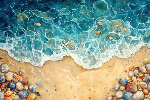Ocean Wave Seashells Beach Watercolor Painting