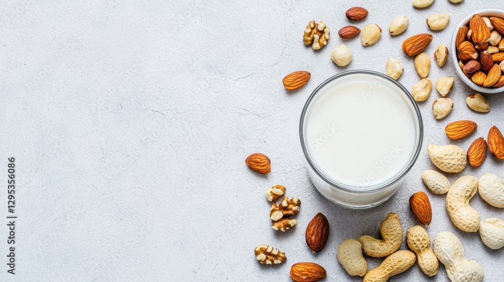 A glass of milk surrounded by various nuts on a textured surface, showcasing healthy ingredients and a nutritious vibe. A glass of milk surrounded by various nuts on a textured surface, showcasing healthy ingredients and a nutritious vibe.