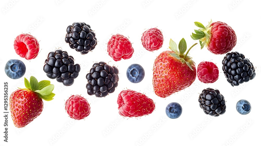 A delightful mix of fresh berries, strawberries, raspberries, and blackberries, floating against a clean white background. Perfect for recipes, culinary blogs or healthy food advertisements. A delightful mix of fresh berries, strawberries, raspberries, and blackberries, floating against a clean white background. Perfect for recipes, culinary blogs or healthy food advertisements.