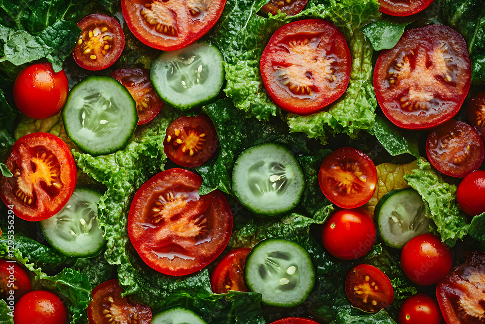 Fresh Salad Ingredients Showcase, A Vibrant Close-Up of Tomatoes, Cucumbers, and Lettuce, ideal for healthy lifestyle and nutritional content marketing campaigns Fresh Salad Ingredients Showcase, A Vibrant Close-Up of Tomatoes, Cucumbers, and Lettuce, ideal for healthy lifestyle and nutritional content marketing campaigns