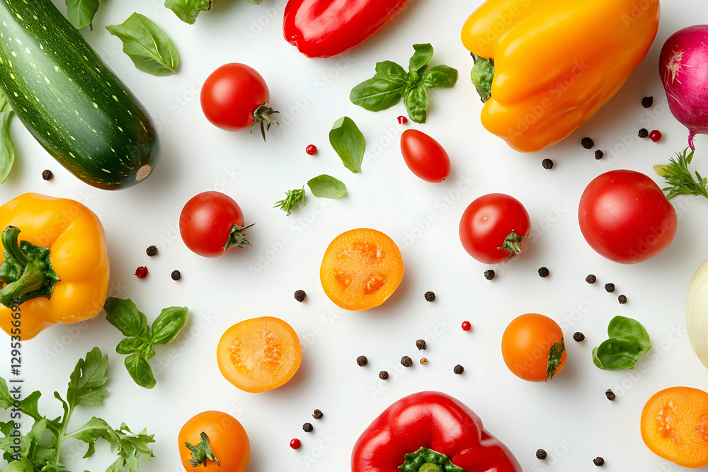 Fresh vegetables arrangement, a vibrant display of tomatoes, bell peppers, basil, zucchini, and spices on a clean white background perfect for healthy cooking concepts Fresh vegetables arrangement, a vibrant display of tomatoes, bell peppers, basil, zucchini, and spices on a clean white background perfect for healthy cooking concepts
