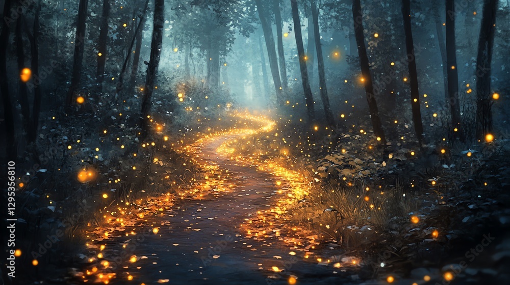 Magical Firefly Path Winding Through Enchanted Forest Magical Firefly Path Winding Through Enchanted Forest