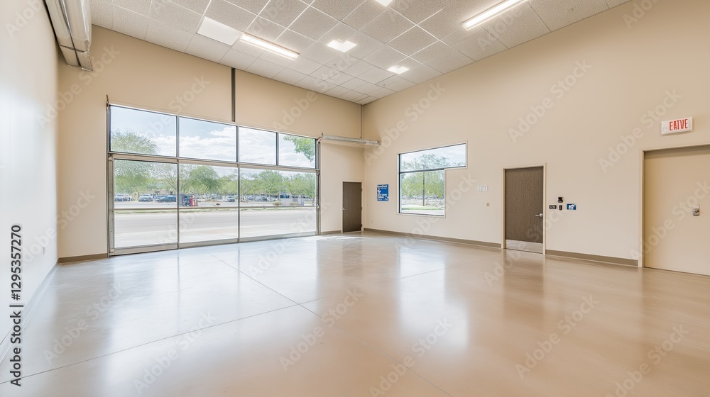 Fototapeta premium Vast Industrial Space: A spacious, bright industrial interior with high ceilings, polished concrete floors, and large windows showcasing abundant natural light. The clean.
