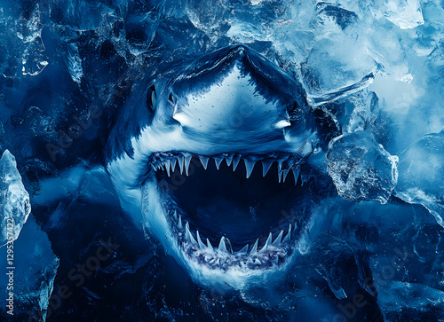 Frozen Predator, A Great White Shark Encased in Ice, Teeth Bared in a Silent Roar of the Arctic Depths, a Chilling Spectacle of Nature's Power photo