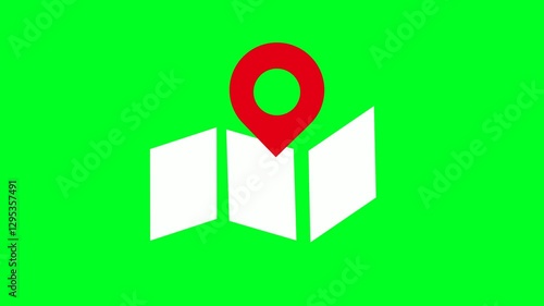 A red map pointer sits above a white map graphic on a green screen