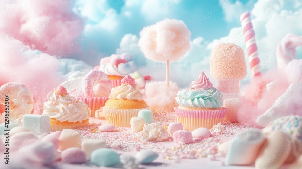 A dreamy pastel candyland scene with various sweets like marshmallows, cupcakes, and cotton candy. A dreamy pastel candyland scene with various sweets like marshmallows, cupcakes, and cotton candy.