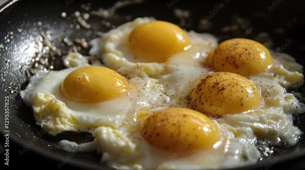Closeup of Delicious Fried Eggs in Pan, Sunny Side Up Breakfast Food Closeup of Delicious Fried Eggs in Pan, Sunny Side Up Breakfast Food
