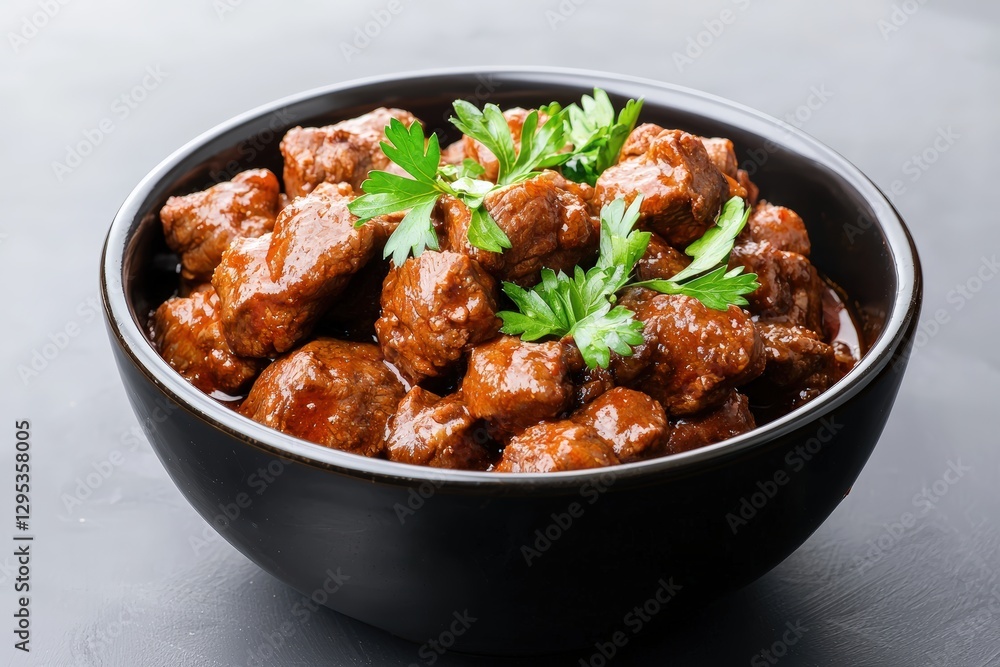 A bowl of delicious meat topped with parsley garnish on a wooden table ready to serve for an appetizing meal A bowl of delicious meat topped with parsley garnish on a wooden table ready to serve for an appetizing meal
