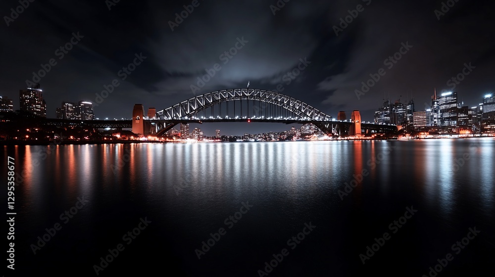 Fototapeta premium Sydney Harbour Bridge at night with city lights reflecting in water.