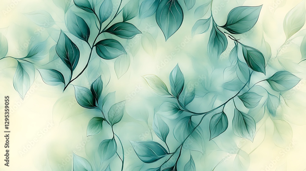 An ethereal abstract pattern of watercolor vines and leaves, soft hues of pastel green and turquoise, intricate overlapping shapes with gentle gradients, painted with artistic fluidity. An ethereal abstract pattern of watercolor vines and leaves, soft hues of pastel green and turquoise, intricate overlapping shapes with gentle gradients, painted with artistic fluidity.