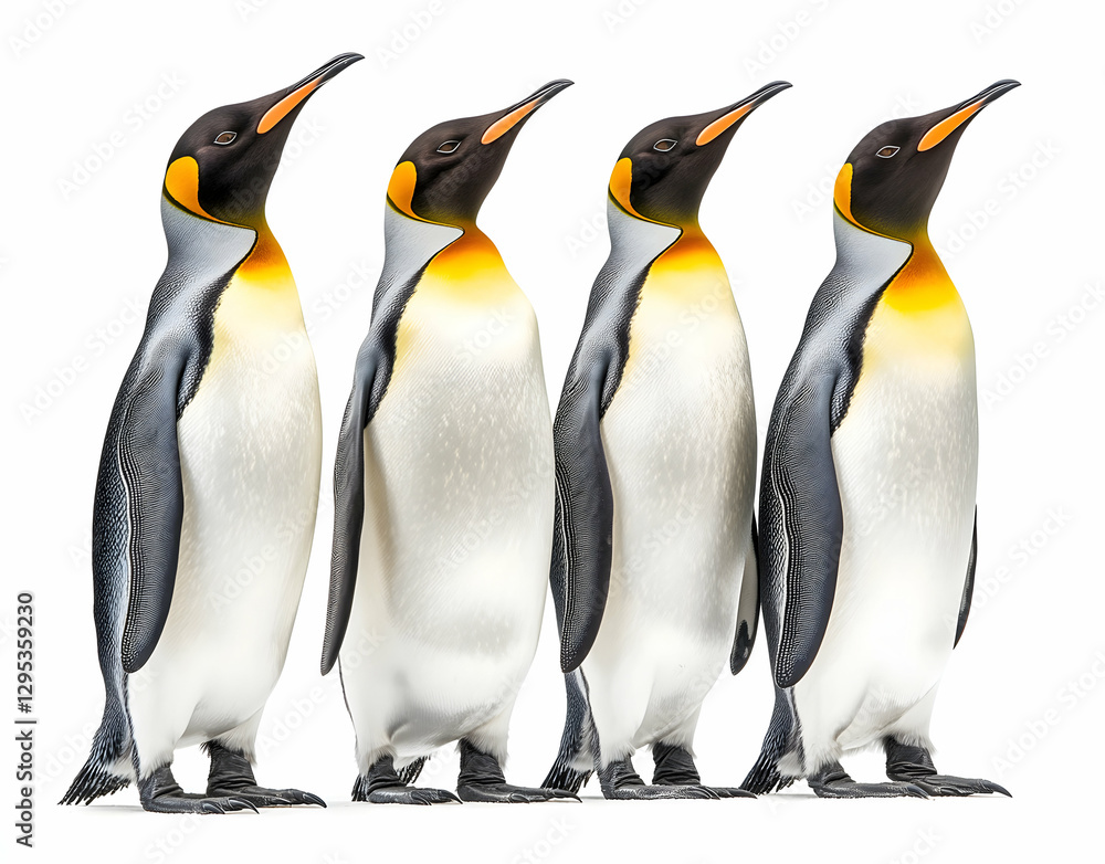 Fototapeta premium Group of Emperor Penguins on White Background, showcasing wildlife beauty, ideal for educational resources, nature documentaries, and conservation awareness campaigns