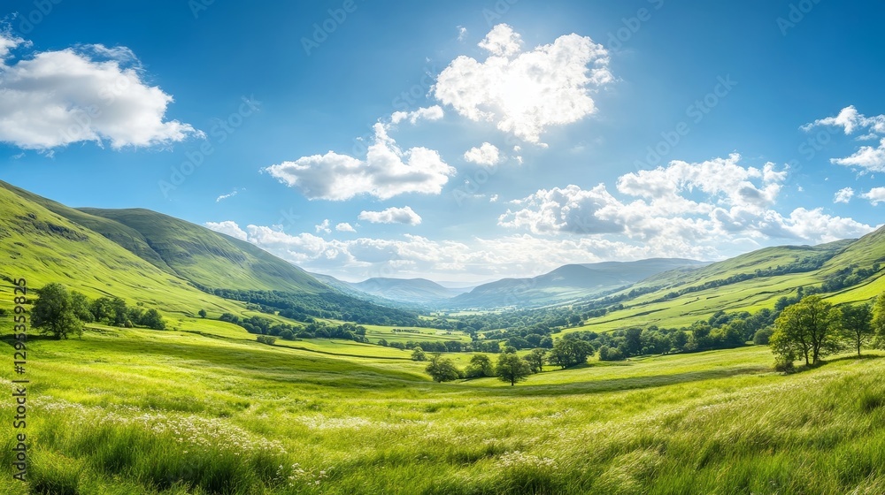 Panoramic photograph of the sunny and green Valley in summer Panoramic photograph of the sunny and green Valley in summer
