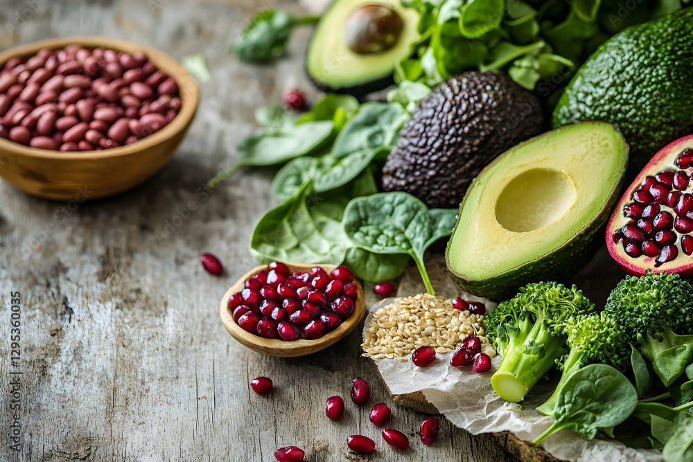 Healthy Eating, An Assortment of Fresh Produce on a Rustic Wooden Table, Showcasing Avocado, Spinach, Pomegranate, Broccoli, and Beans for a Balanced Diet Healthy Eating, An Assortment of Fresh Produce on a Rustic Wooden Table, Showcasing Avocado, Spinach, Pomegranate, Broccoli, and Beans for a Balanced Diet