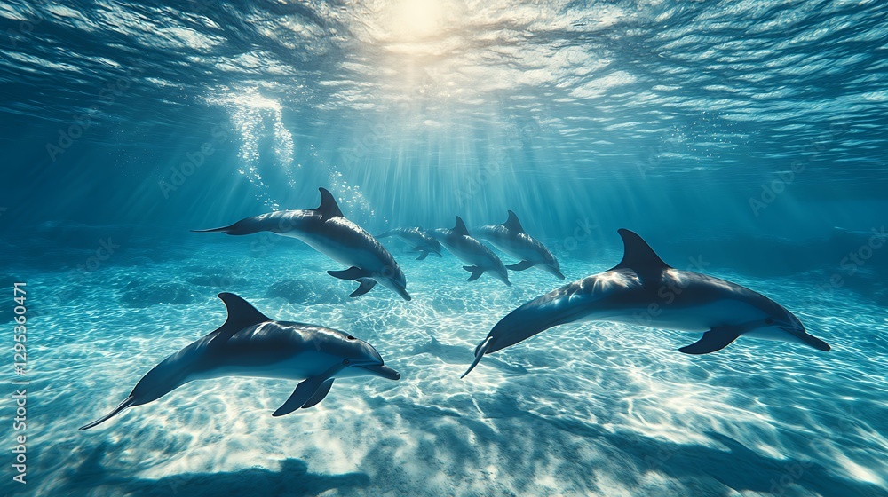 Naklejka premium Sunlit Oceanic Ballet: Dolphins Grace the Underwater Realm